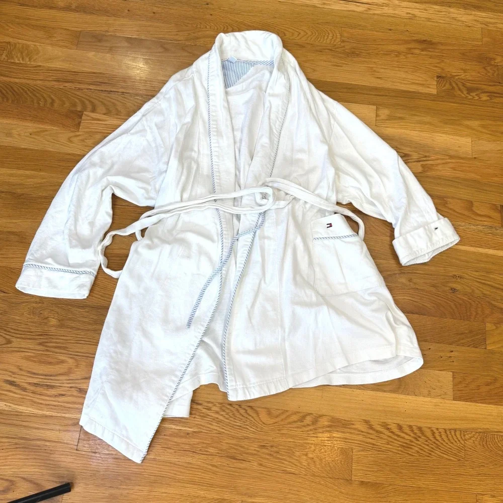 Tommy Hilfiger Mens White Knit Robe L/XL Blue Striped Trim Sleepwear Loungewear